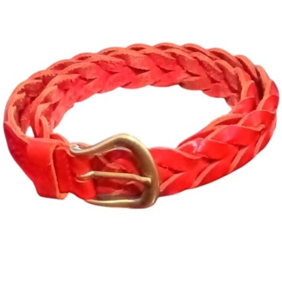 Vintage Ladies Braided Red Leather Belt with Brass Buckle from Turkey Small - Picture 1 of 8